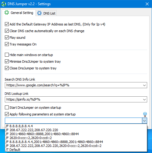 DNS Jumper v2.3 General Settings Interface